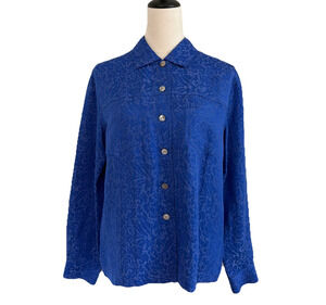 Chico's Button Front Shirt Womens Medium Royal Blue Silk Linen Textured Office